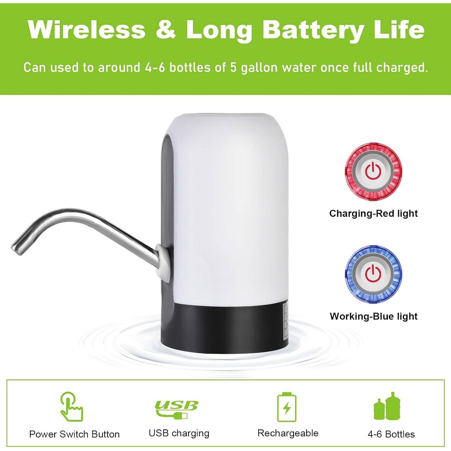 Distributeur d'eau de 5 gallons, pompe à eau potable électrique, pompe à bouteille d'eau automatique portative pour le camping blanc à la maison