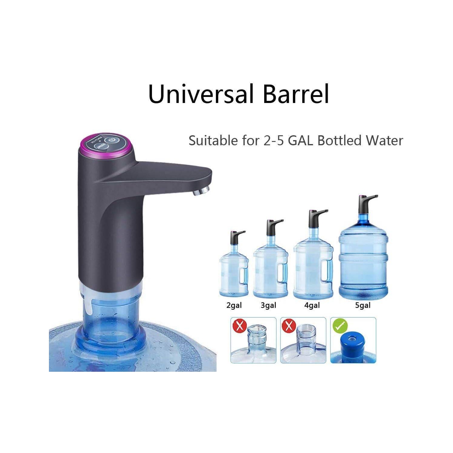 Water Dispenser with USB Electric Charging and Automatic Off Switch, Portable Water Bottle Pump for Universal 3, 4 and 5 Gallon, Black