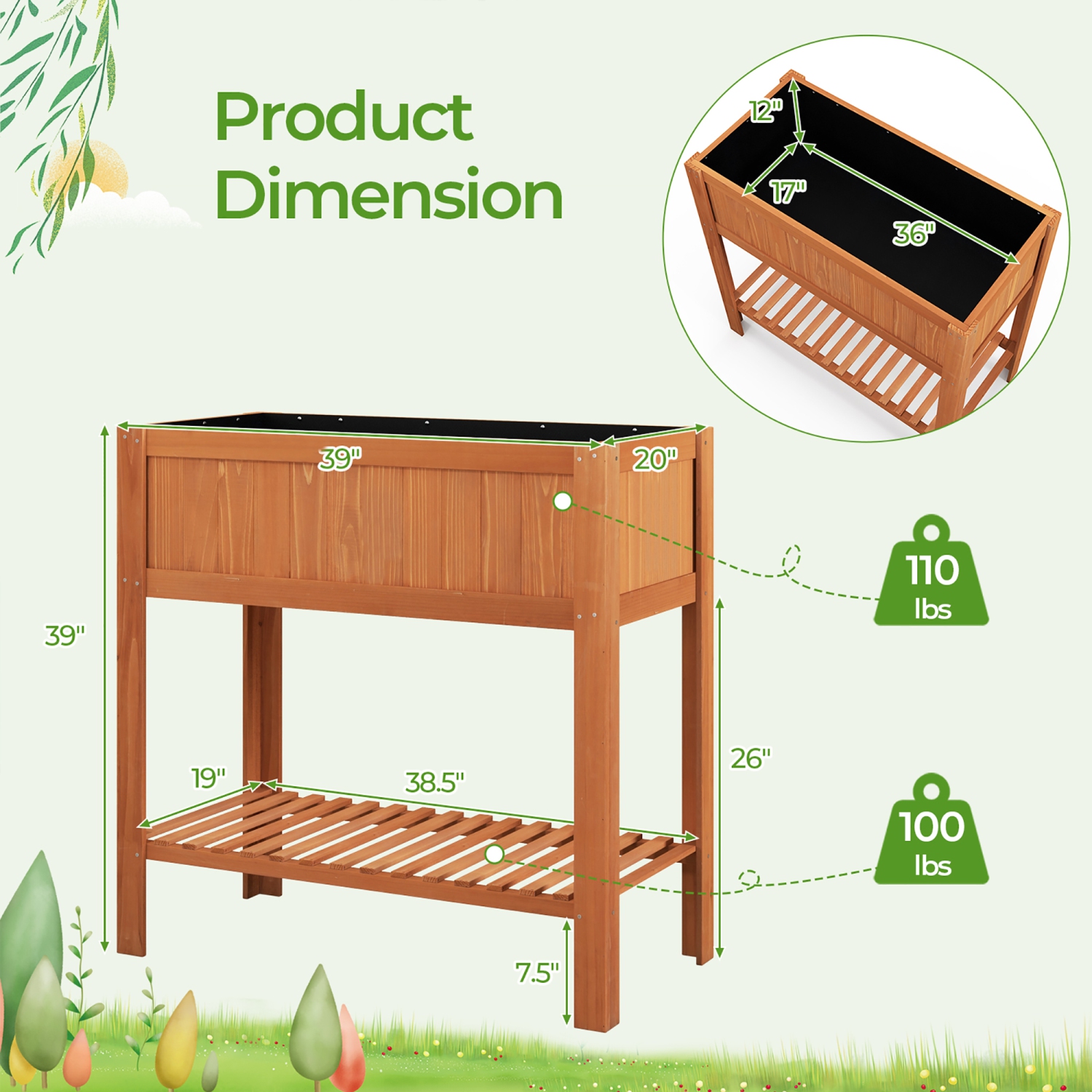 Gymax Raised Garden Bed 39'' L x 19.5'' W x 39'' H Fir Wood Planter Box w/ Bottom Storage Shelf