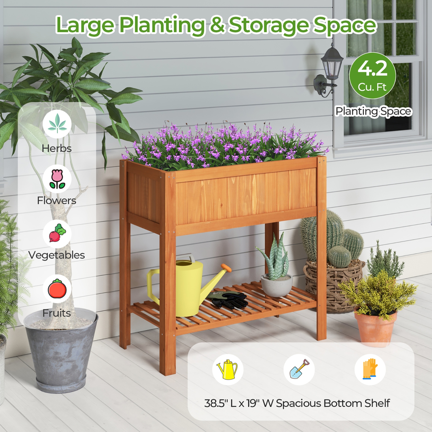Gymax Raised Garden Bed 39'' L x 19.5'' W x 39'' H Fir Wood Planter Box w/ Bottom Storage Shelf