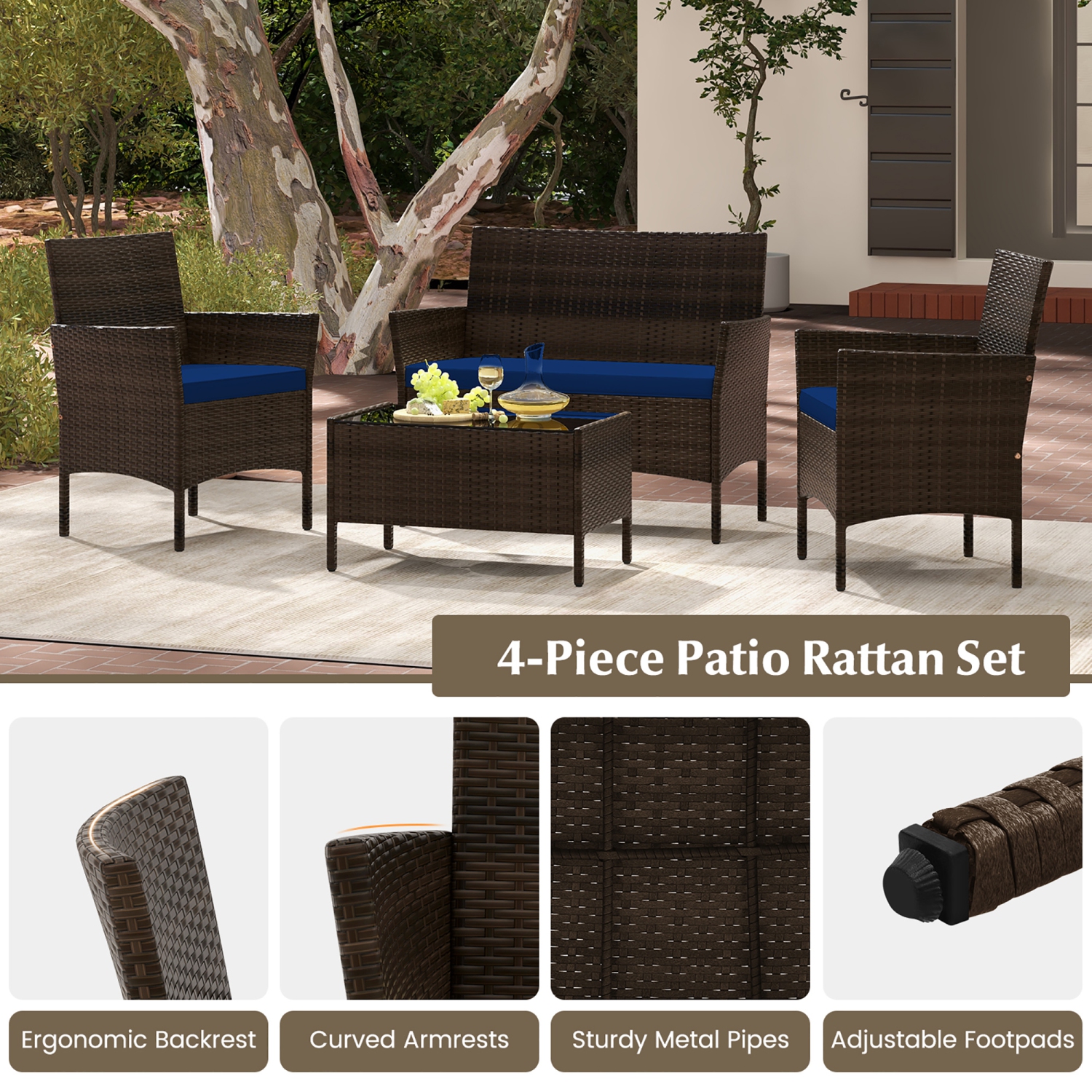 Gymax 4 PCS Patio Rattan Conversation Set Outdoor Wicker Furniture Set w/ Chair & Loveseat