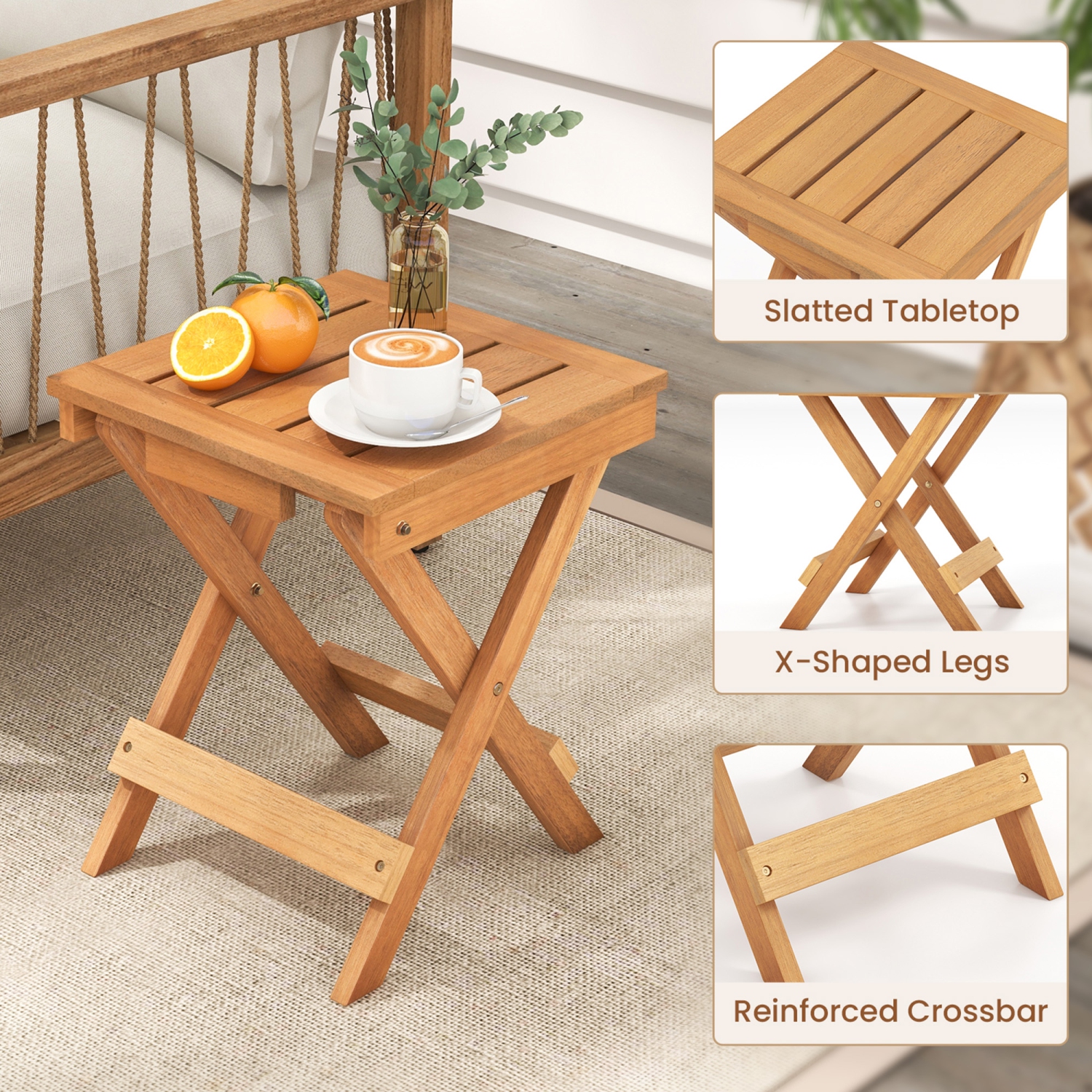 Gymax 14 inch Outdoor Folding Side Table Hardwood Square Compact Patio Table