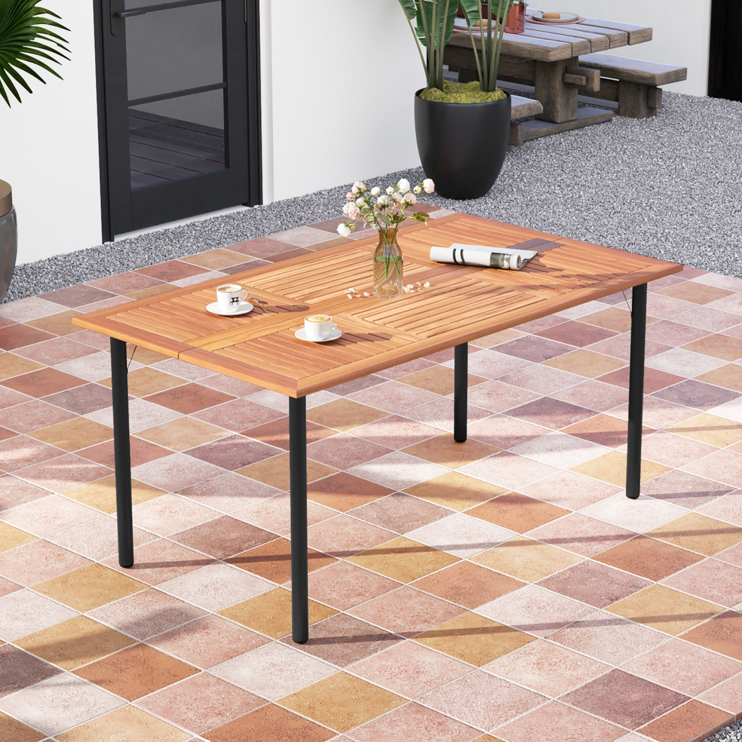 Gymax Rectangular Acacia Wood Dining Table w/ 1.9'' Umbrella Hole Patio Natural & Black