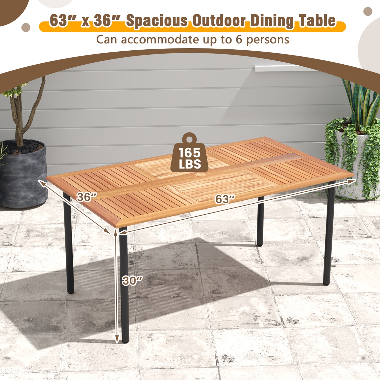 Gymax Rectangular Acacia Wood Dining Table w/ 1.9'' Umbrella Hole Patio Natural & Black