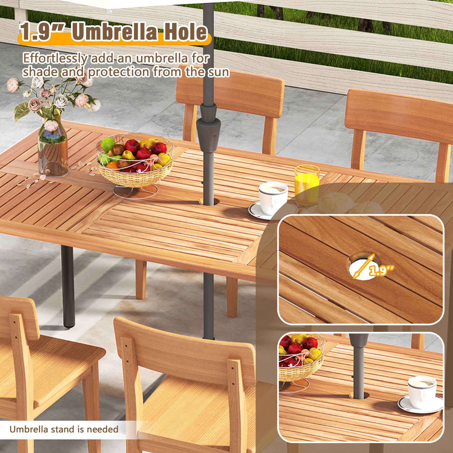 Gymax Rectangular Acacia Wood Dining Table w/ 1.9'' Umbrella Hole Patio Natural & Black