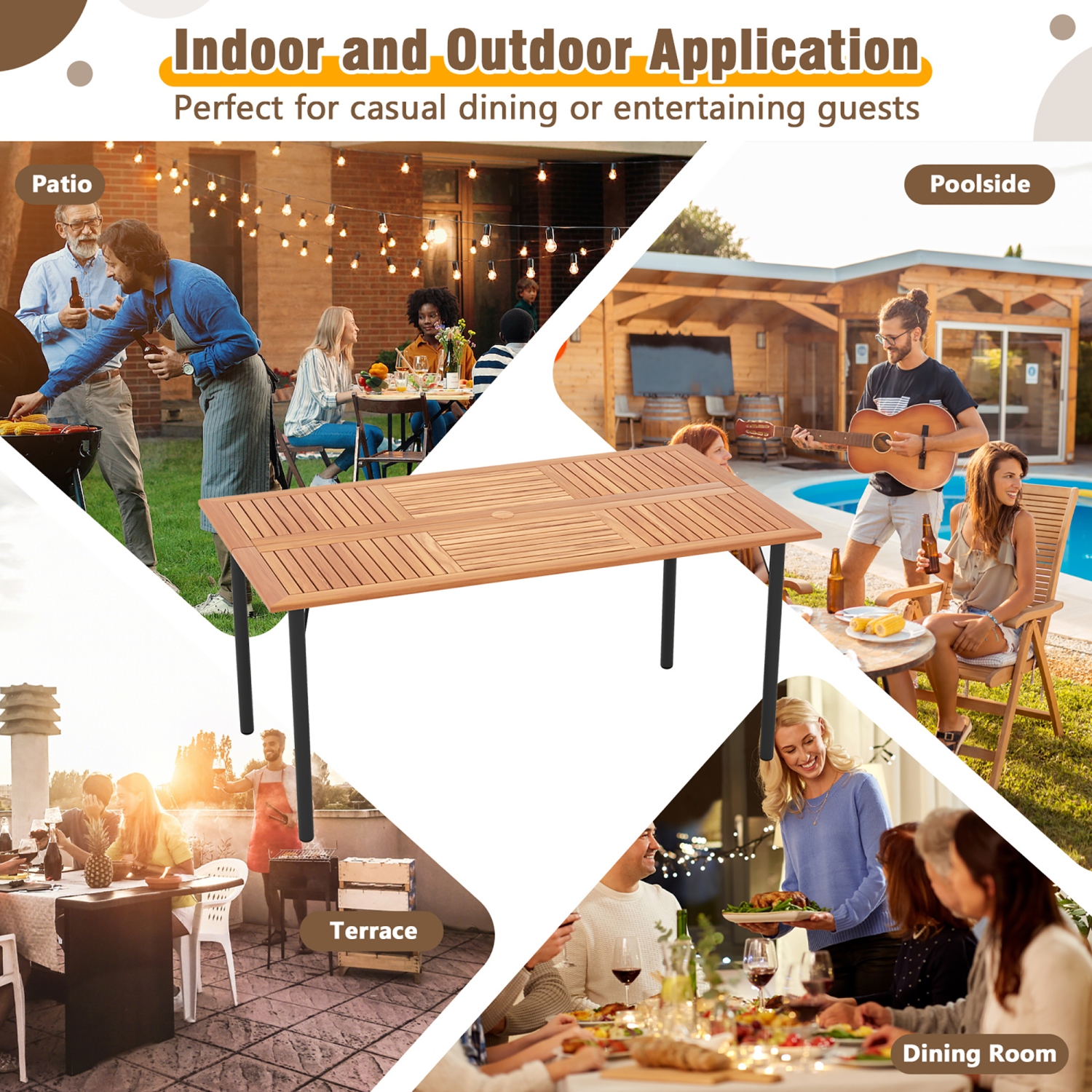 Gymax Rectangular Acacia Wood Dining Table w/ 1.9'' Umbrella Hole Patio Natural & Black