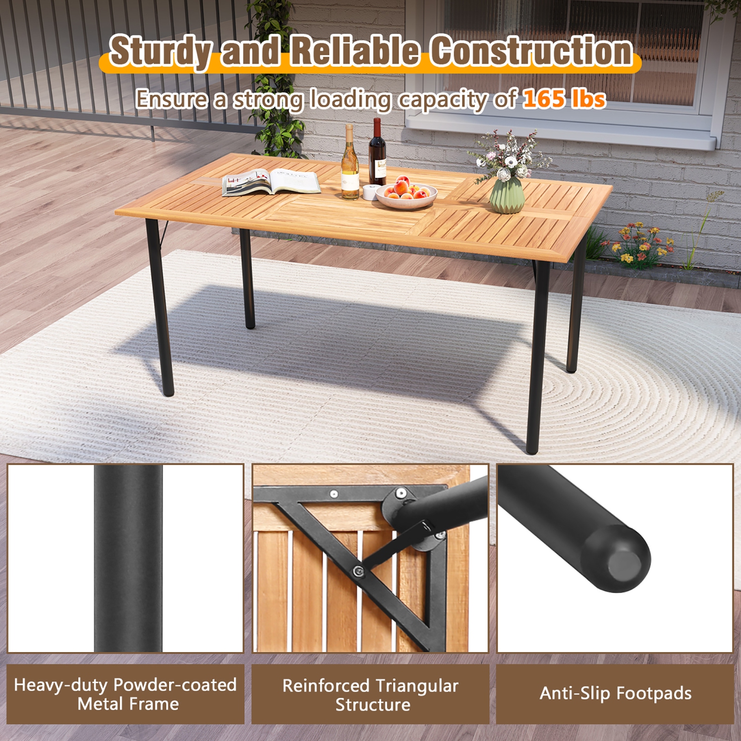 Gymax Rectangular Acacia Wood Dining Table w/ 1.9'' Umbrella Hole Patio Natural & Black