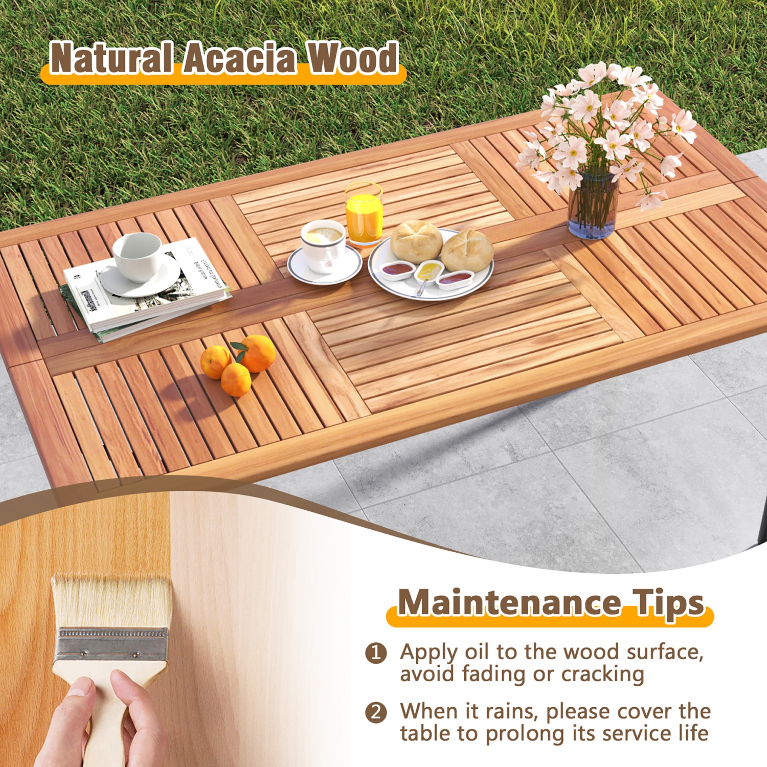 Gymax Rectangular Acacia Wood Dining Table w/ 1.9'' Umbrella Hole Patio Natural & Black