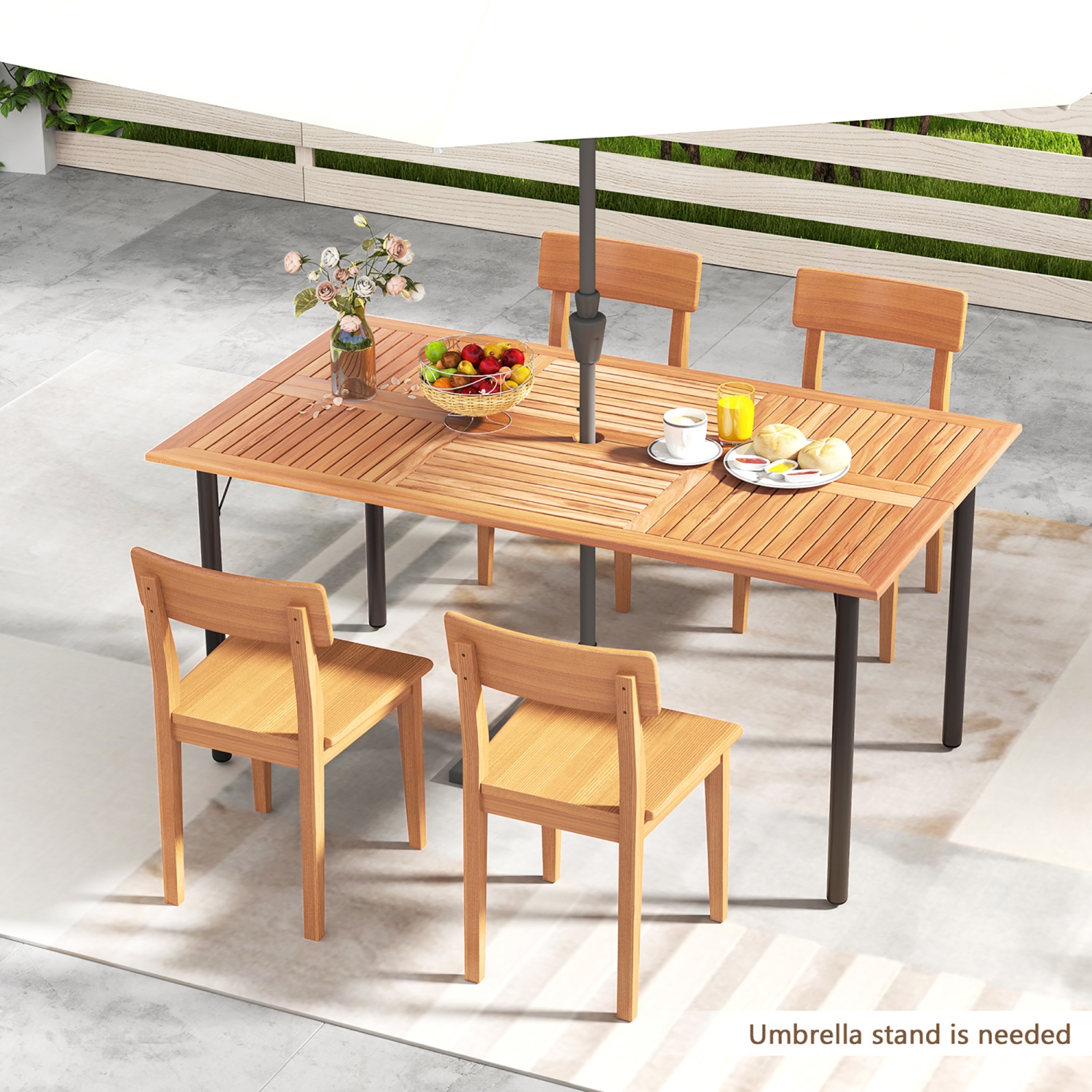 Gymax Rectangular Acacia Wood Dining Table w/ 1.9'' Umbrella Hole Patio Natural & Black