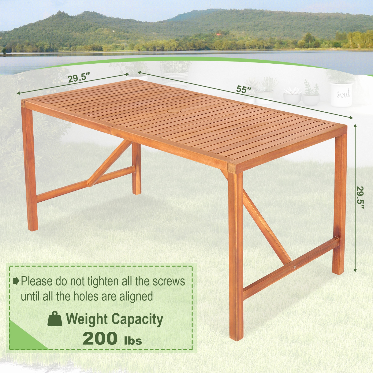 Gymax Rectangular Acacia Wood Dining Table 4-6 Person Patio 2'' Umbrella Hole Natural