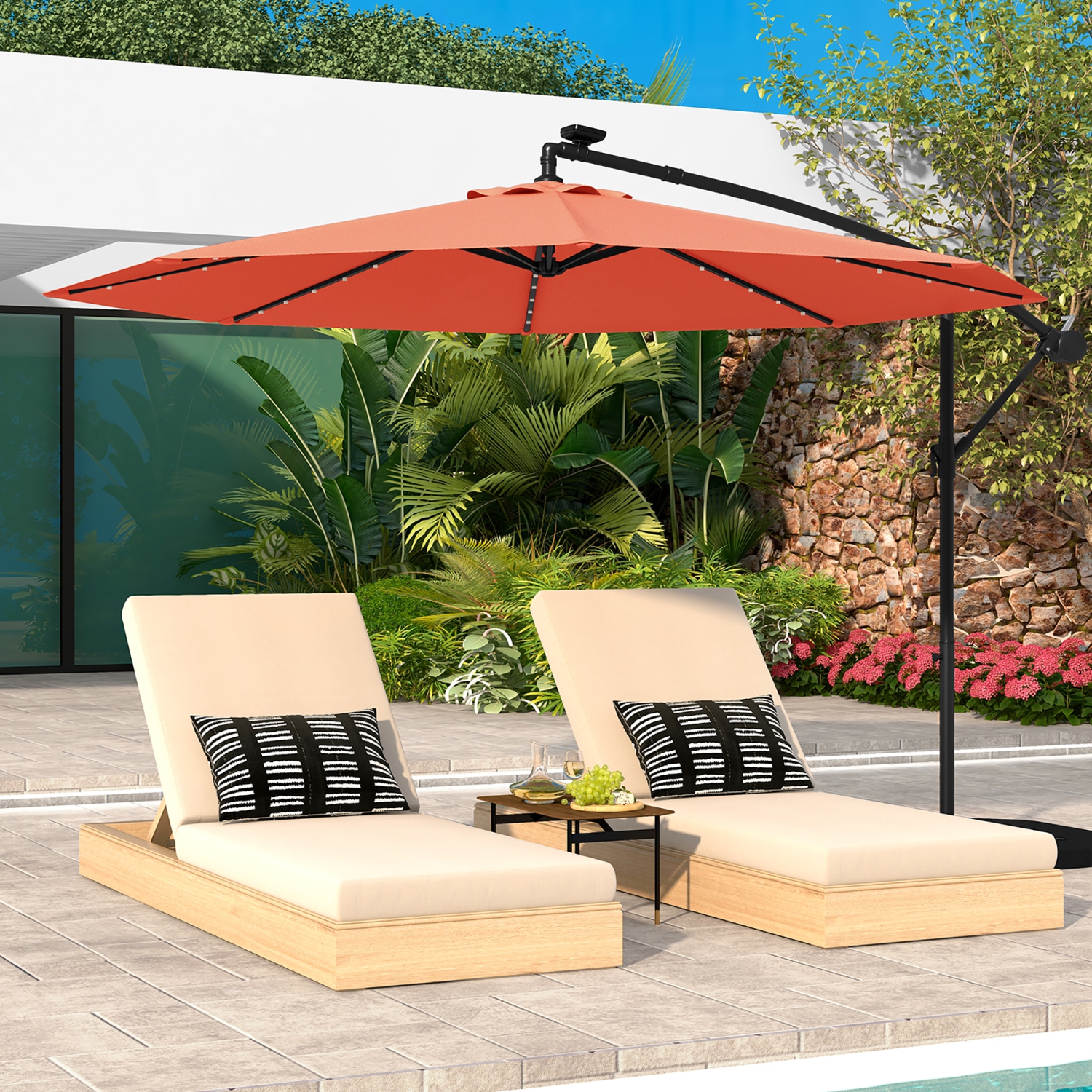 Gymax 10 ft Patio Offset Umbrella w/ Solar Lights Deck Umbrella w/ Easy Tilt Adjustment Orange