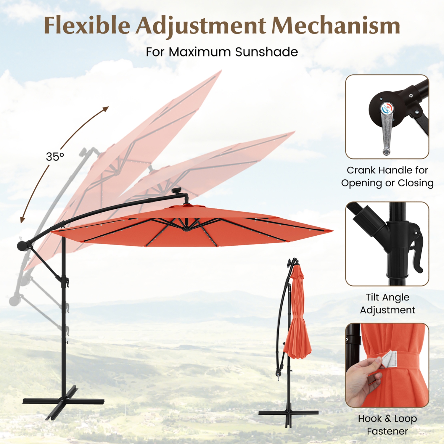 Gymax 10 ft Patio Offset Umbrella w/ Solar Lights Deck Umbrella w/ Easy Tilt Adjustment Orange
