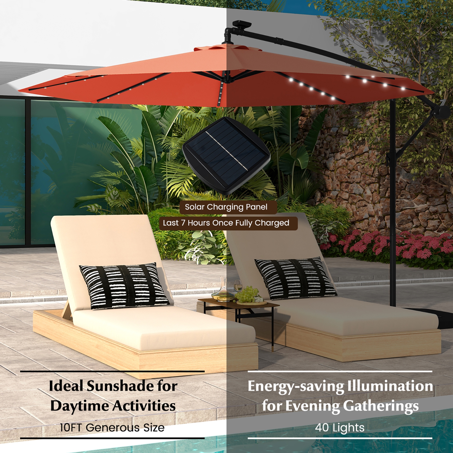 Gymax 10 ft Patio Offset Umbrella w/ Solar Lights Deck Umbrella w/ Easy Tilt Adjustment Orange