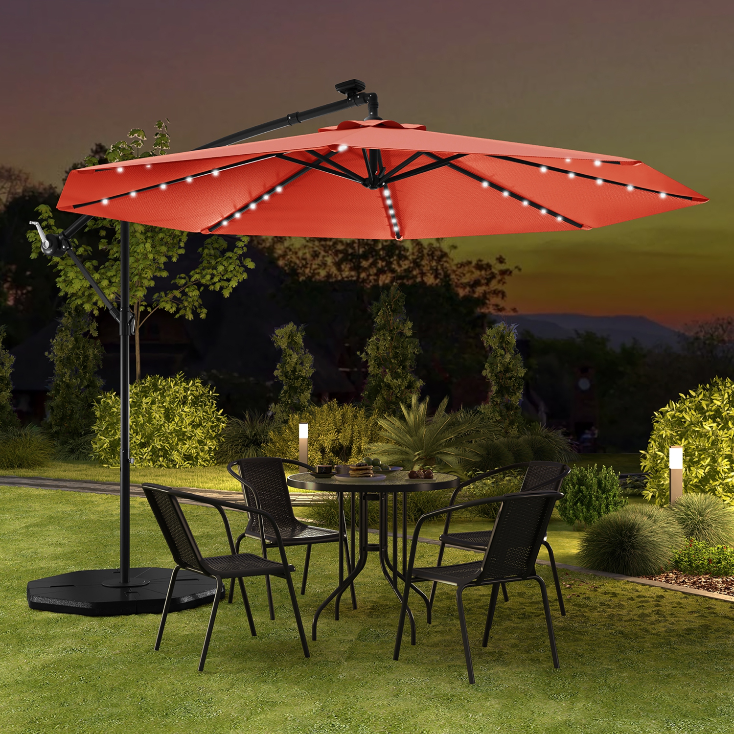 Gymax 10 ft Patio Offset Umbrella w/ Solar Lights Deck Umbrella w/ Easy Tilt Adjustment Orange