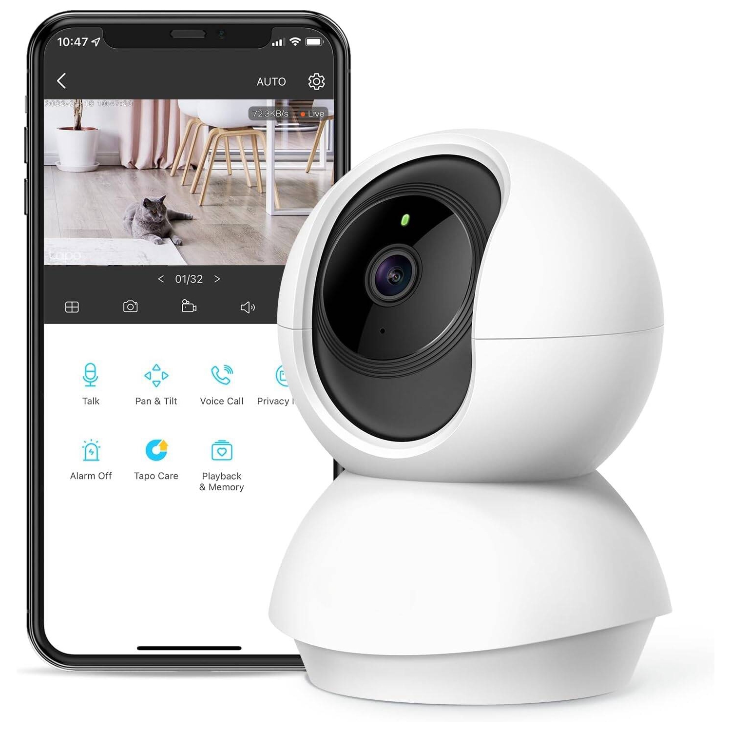 Smart Pan/Tilt Indoor Security Camera,128 GB Local Storage, 360° Motion Tracking, 1080p Full HD WiFi Camera for Pet/Baby, Works w/Alexa & Google