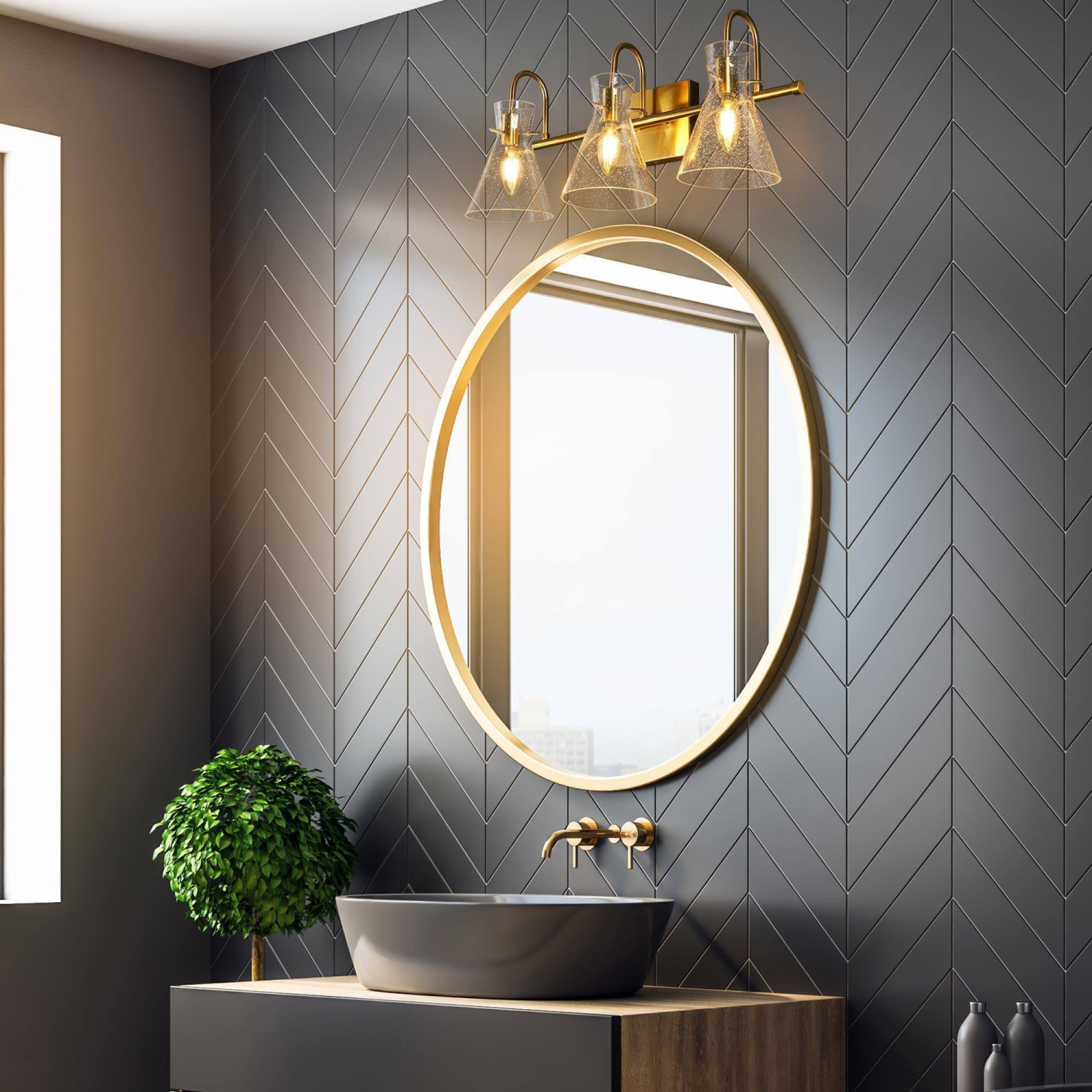 Modern Bell Bathroom Vanity Light, 3-Light Brass Gold Wall Sconce Light with Seeded Glass Shade
