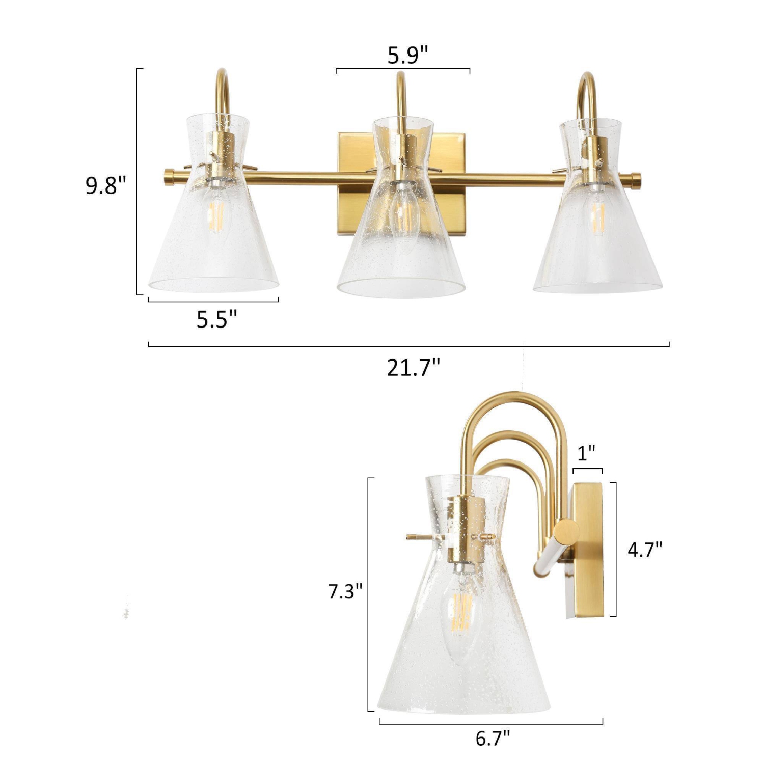 Modern Bell Bathroom Vanity Light, 3-Light Brass Gold Wall Sconce Light with Seeded Glass Shade
