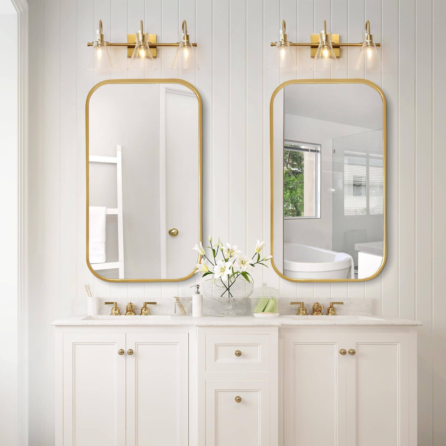 Modern Bell Bathroom Vanity Light, 3-Light Brass Gold Wall Sconce Light with Seeded Glass Shade
