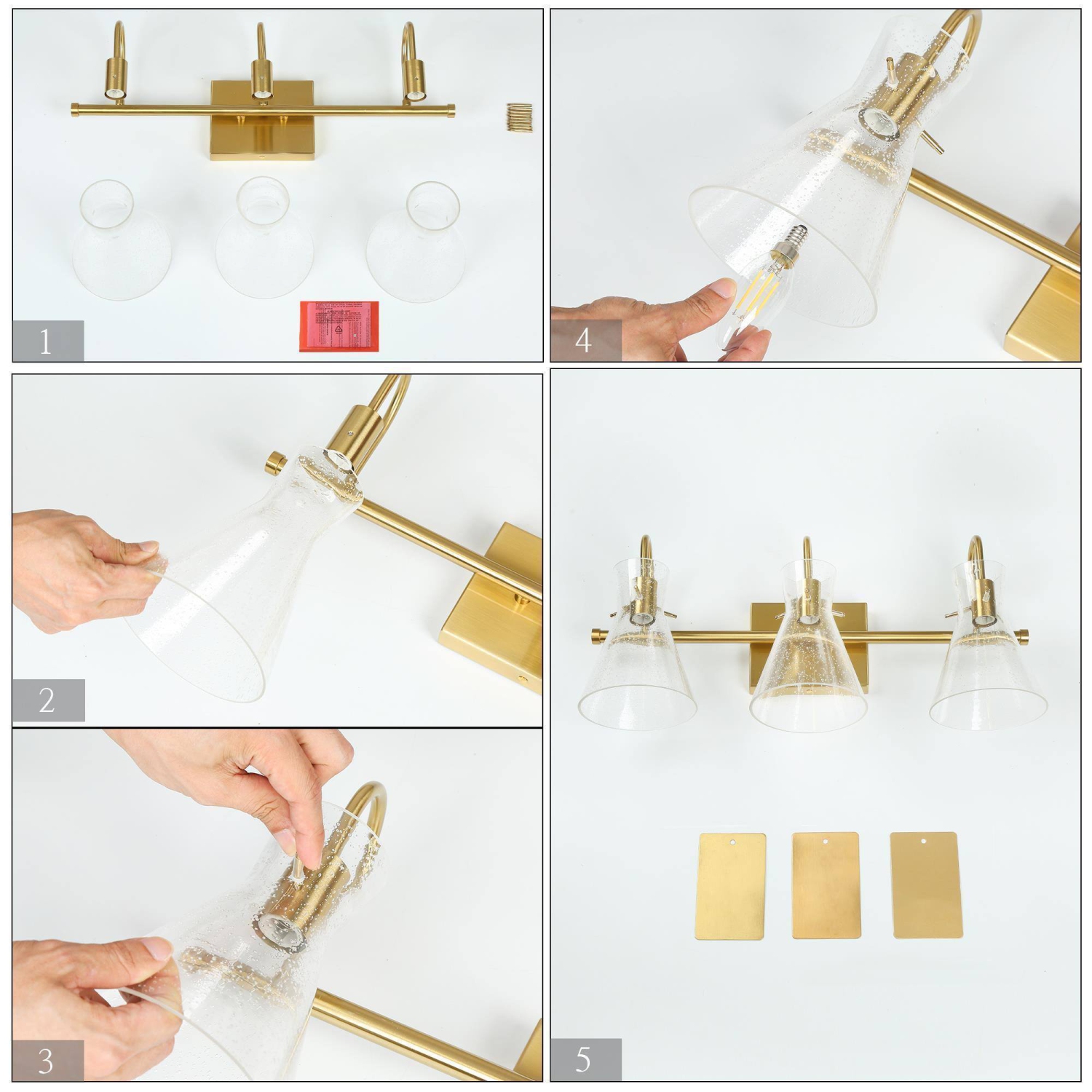 Modern Bell Bathroom Vanity Light, 3-Light Brass Gold Wall Sconce Light with Seeded Glass Shade