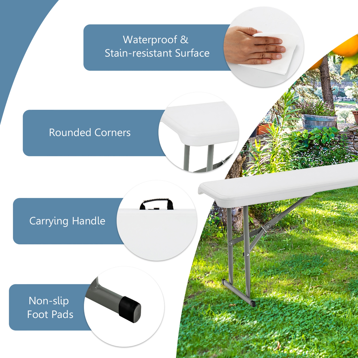Ensemble de table de camping pliante de Costway avec table longue et 2 bancs pour pique-nique