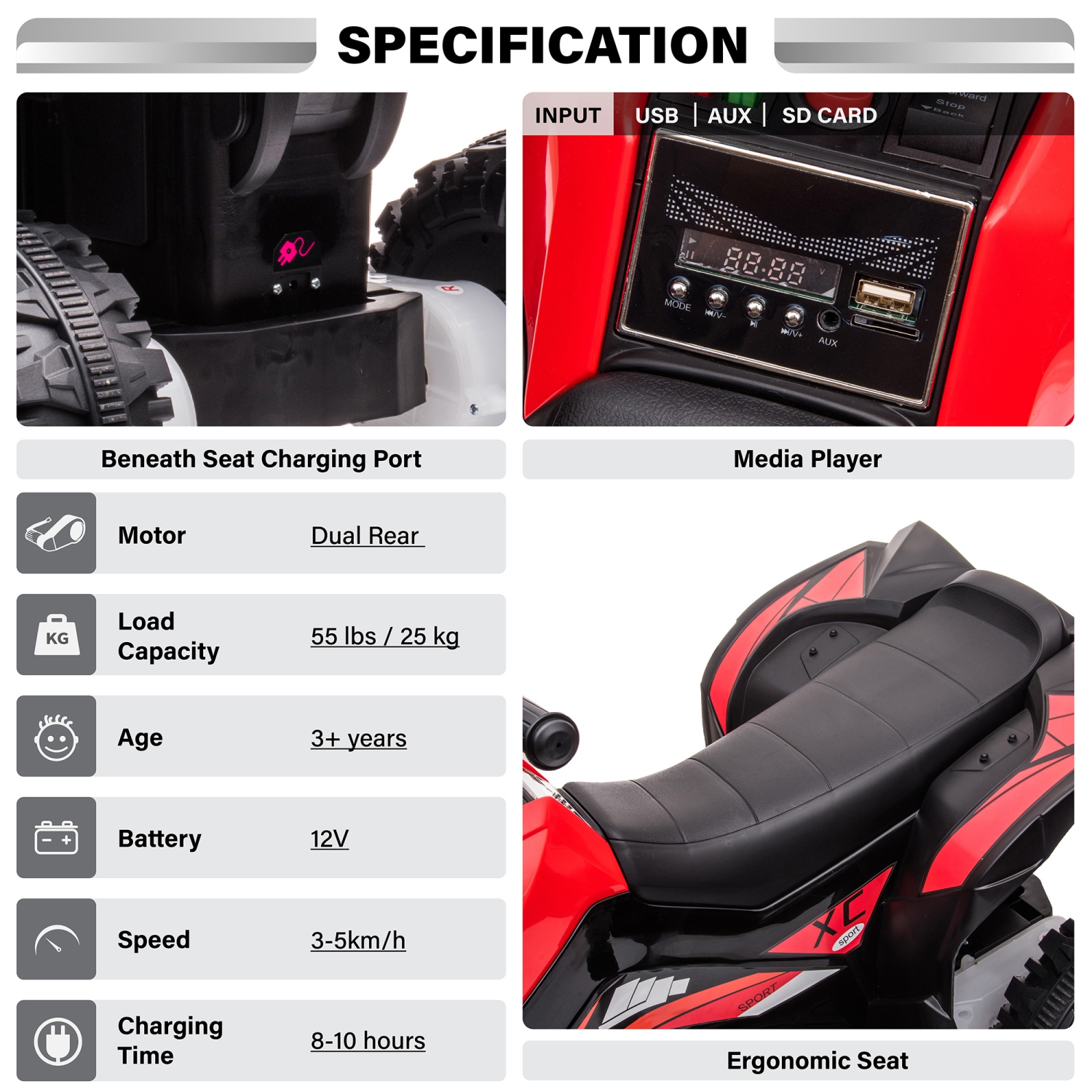 Voltz Toys ATV Ride-On Toy Car for Kids, 12V Off-Road Battery Powered Electric Truck with LED Lights, High/Low Speeds, MP3 Player