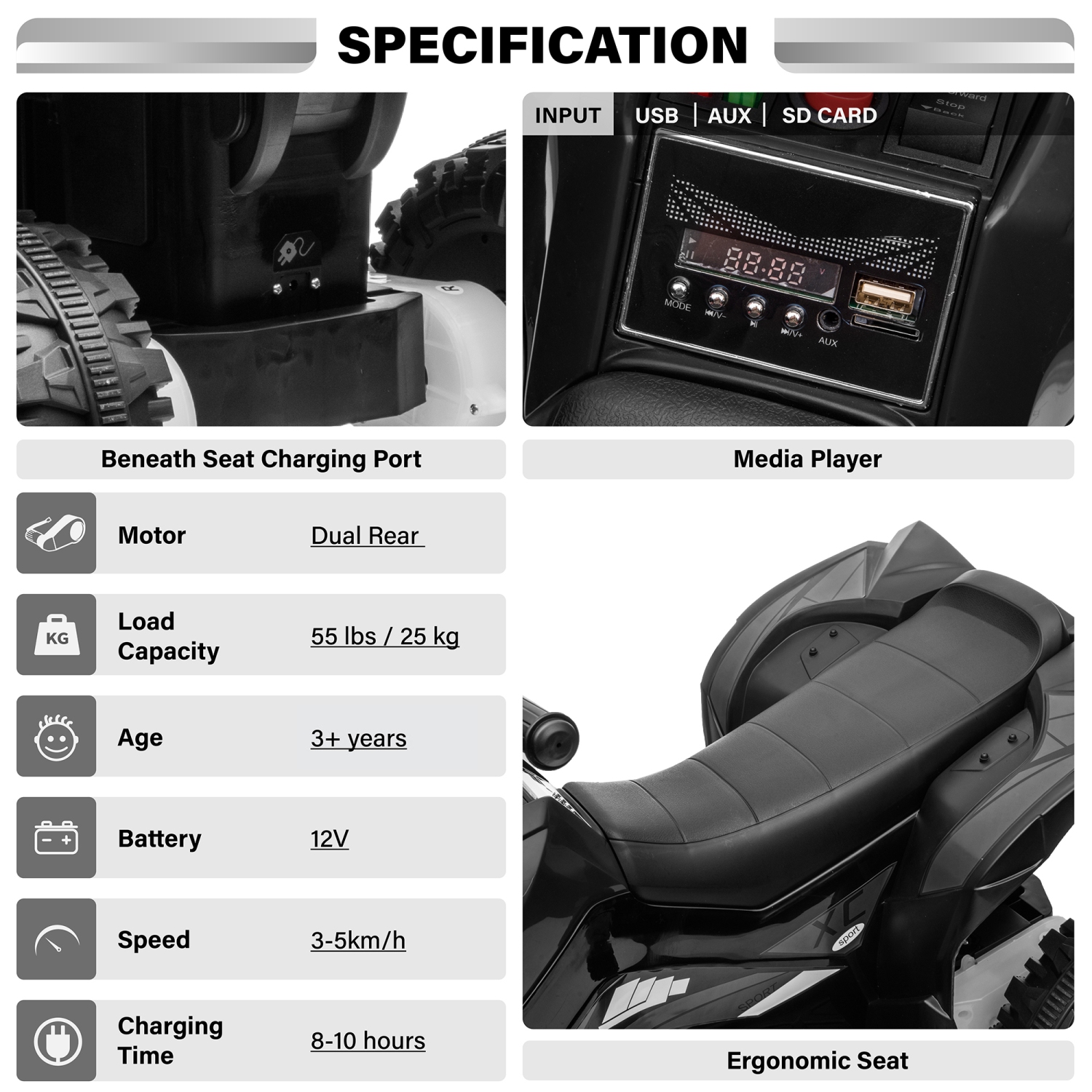 Voltz Toys ATV Ride-On Toy Car for Kids, 12V Off-Road Battery Powered Electric Truck with LED Lights, High/Low Speeds, MP3 Player