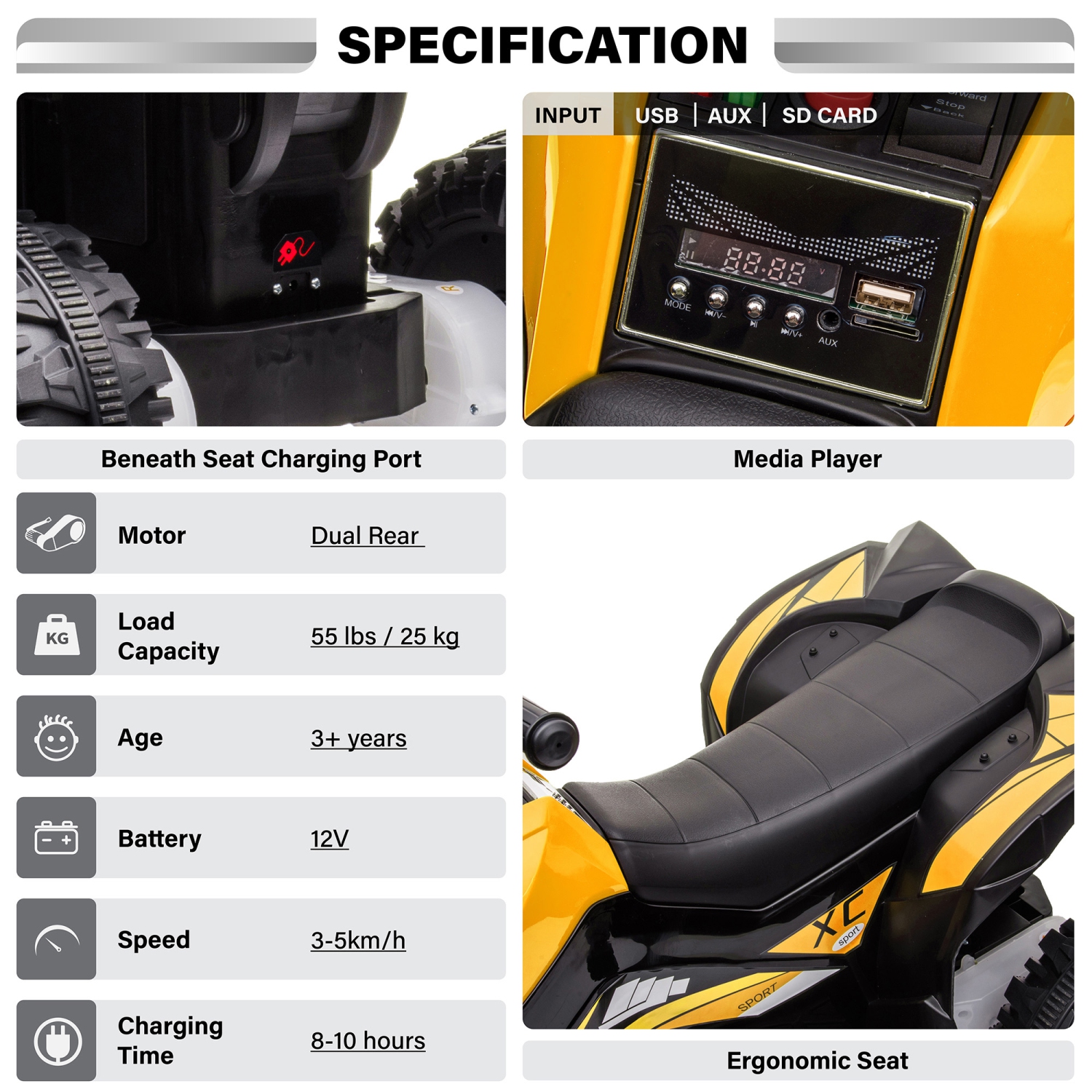 Voltz Toys ATV Ride-On Toy Car for Kids, 12V Off-Road Battery Powered Electric Truck with LED Lights, High/Low Speeds, MP3 Player