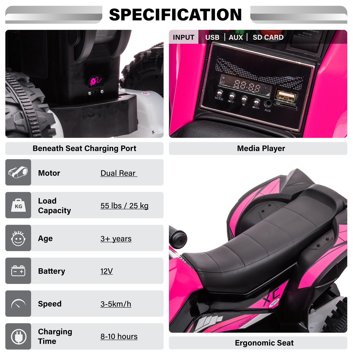 Voltz Toys ATV Ride-On Toy Car for Kids, 12V Off-Road Battery Powered Electric Truck with LED Lights, High/Low Speeds, MP3 Player