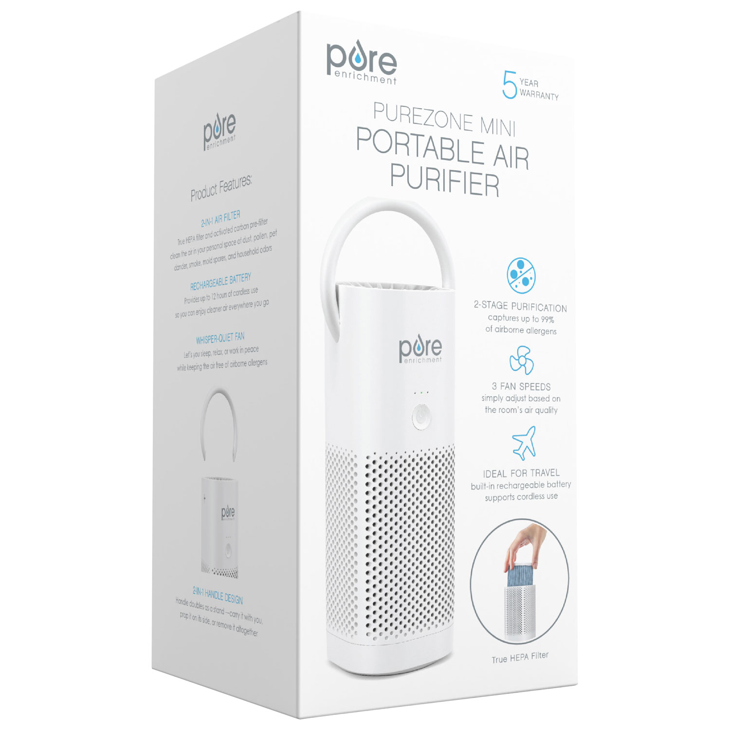 Pure Enrichment PureZone Portable Air Purifier with HEPA Filter - White