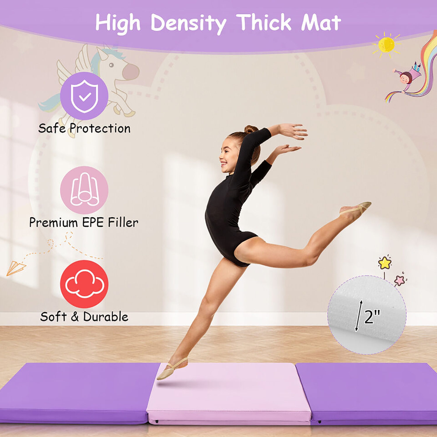 Gymax Tri-Fold Folding Exercise Mat 6 ft x 2 ft Portable Gymnastics Tumbling Yoga