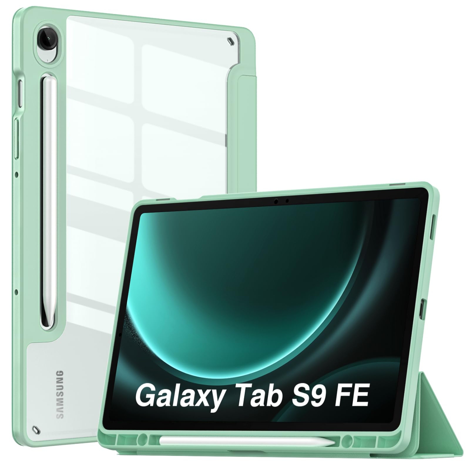 Samsung Galaxy Tab S9 FE 5G 2023 with S Pen Holder, Slim Lightweight Trifold TPU Cover Case with Unique Transparent PC Back Shell for Galaxy Tab S9 FE 10.9", Auto Wake/Sleep,