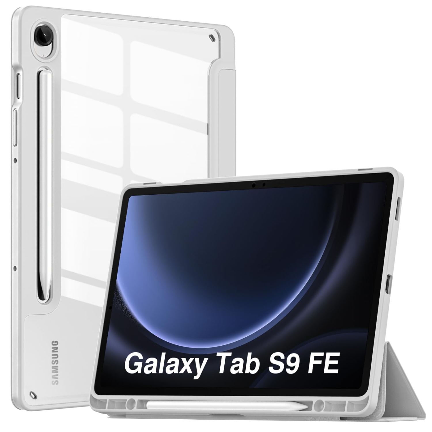 Samsung Galaxy Tab S9 FE 5G 2023 with S Pen Holder, Slim Lightweight Trifold TPU Cover Case with Unique Transparent PC Back Shell for Galaxy Tab S9 FE 10.9", Auto Wake/Sleep
