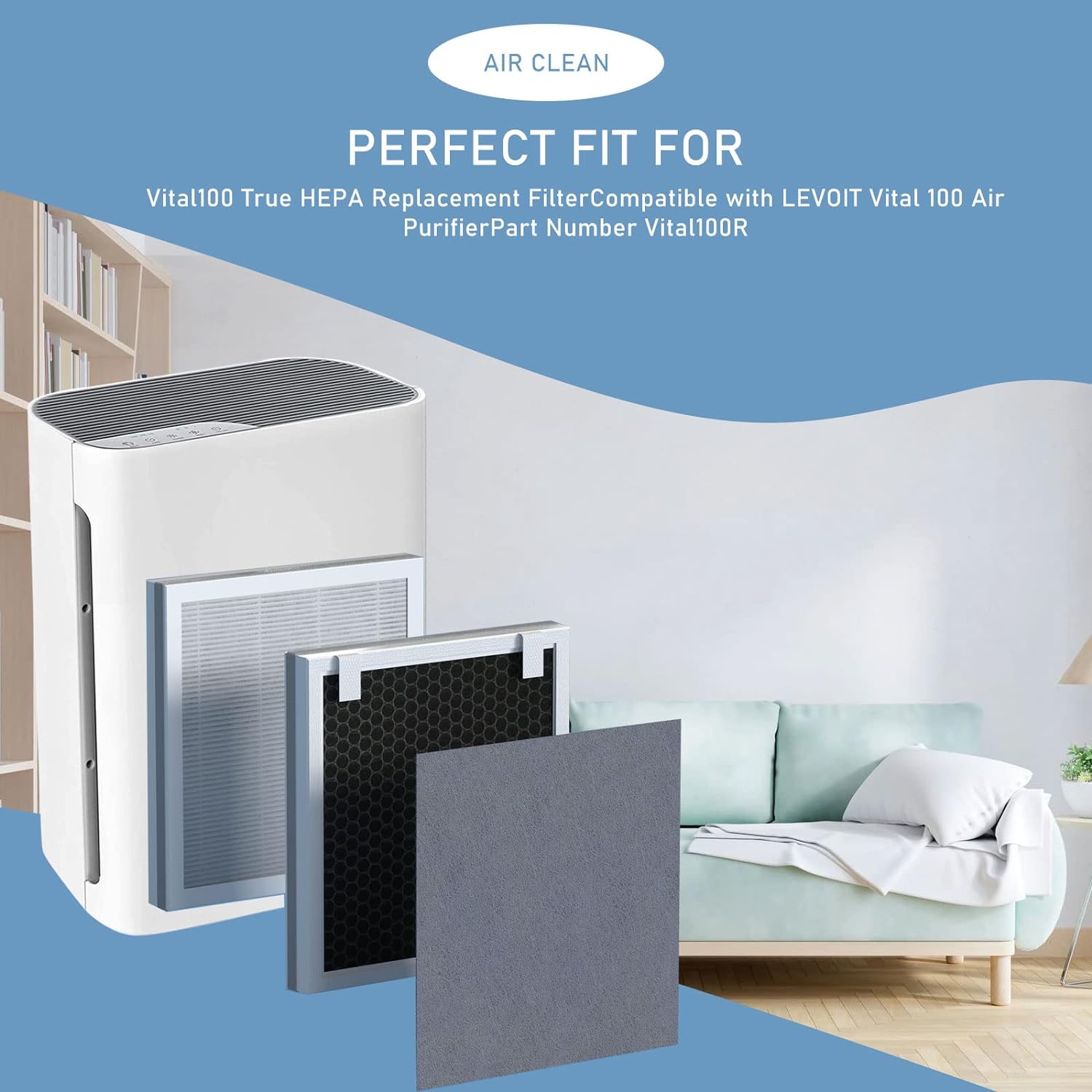 4 Set Vital 100 True HEPA Replacement Filter Compatible with LEVOIT Vital 100 Air Puri-fier, 3-in-1 HEPA Filter and High-Efficiency Activated Carbon