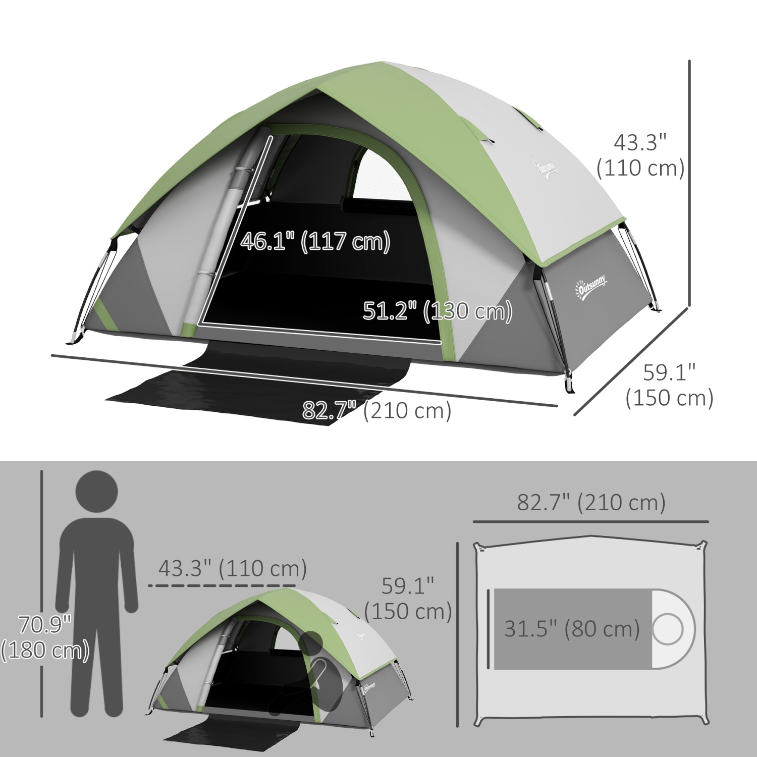 Tente de camping Outsunny, tente familiale pour 2&nbsp;personnes, étanche 3000&nbsp;mm, avec toile de fond cousue, sac de transport et crochet