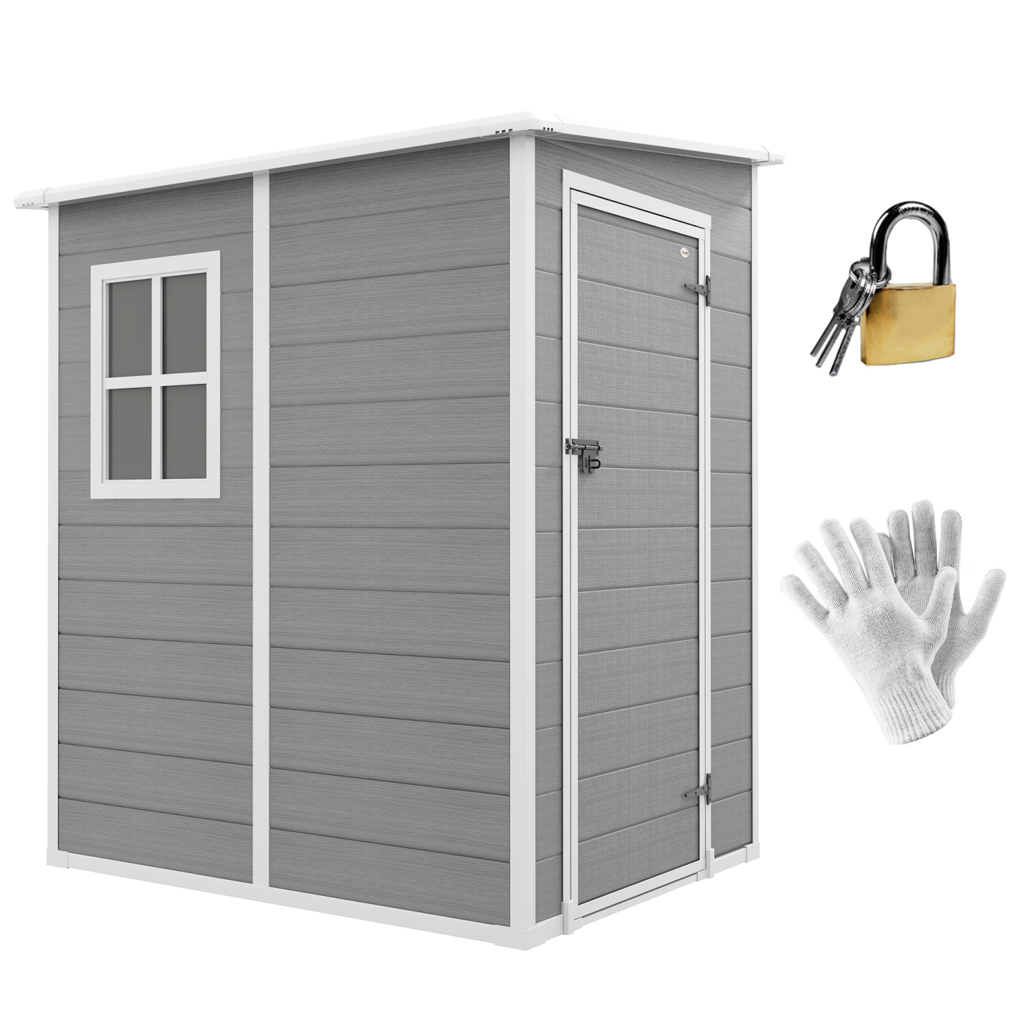 Outsunny 4 x 5FT Lean to Outdoor Storage Shed, Plastic Garden Tool Storage House Organizer with Window, Vent and Plastic Roof for Backyard, Patio, Lawn, Grey