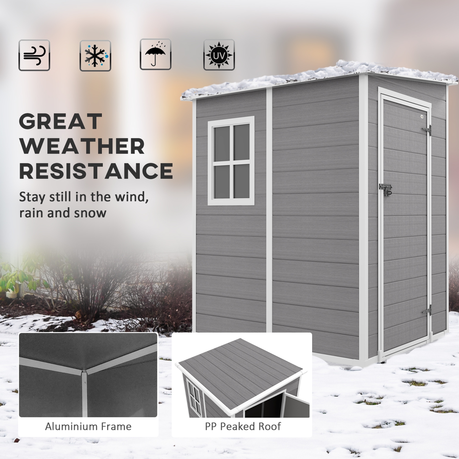 Outsunny 4 x 5FT Lean to Outdoor Storage Shed with Floor, Plastic Garden Tool Storage House Organizer with Window, Vent and Plastic Roof for