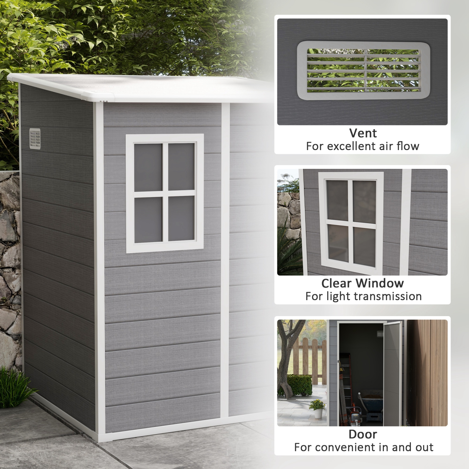 Outsunny 4 x 5FT Lean to Outdoor Storage Shed with Floor, Plastic Garden Tool Storage House Organizer with Window, Vent and Plastic Roof for