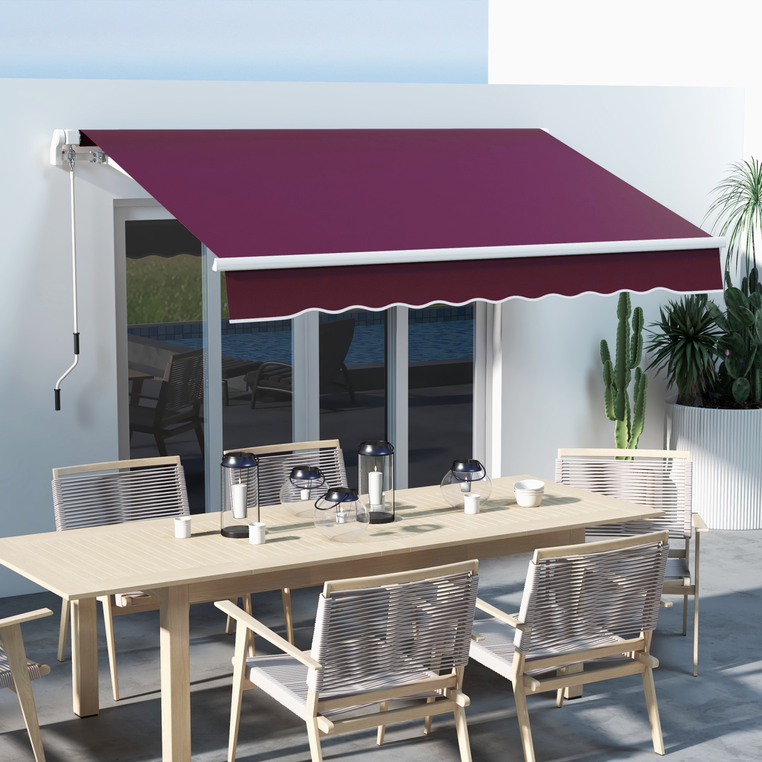 Auvent rétractable manuel Outsunny de 10 x 6,5 pi, abri pare-soleil pour auvent de terrasse avec lumières à DEL, tissu résistant UV40+ et cadre en