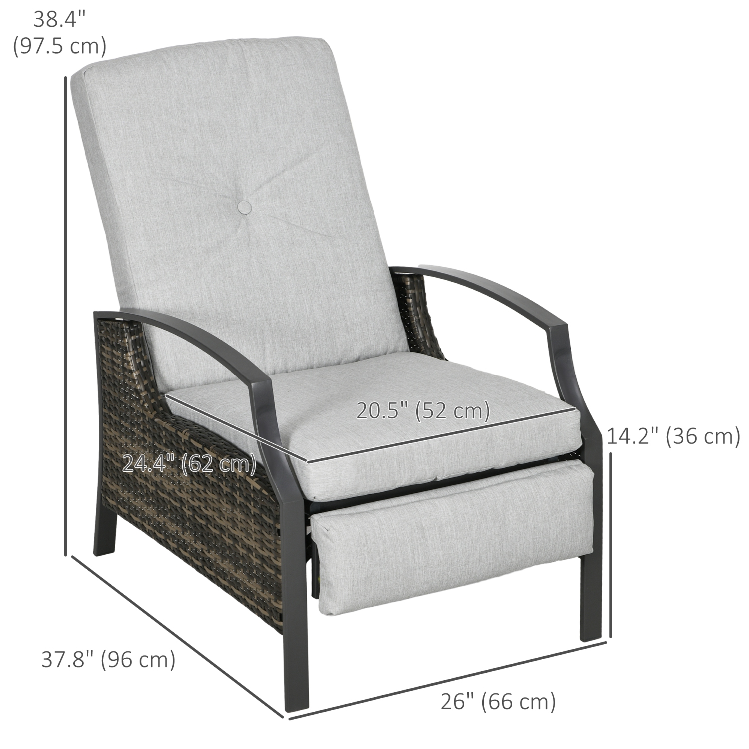 Outsunny PE Rattan Outdoor Recliner Chair, Wicker Patio Lounge Chair with Adjustable Backrest, Retractable Footrest and Cushion, Light Grey