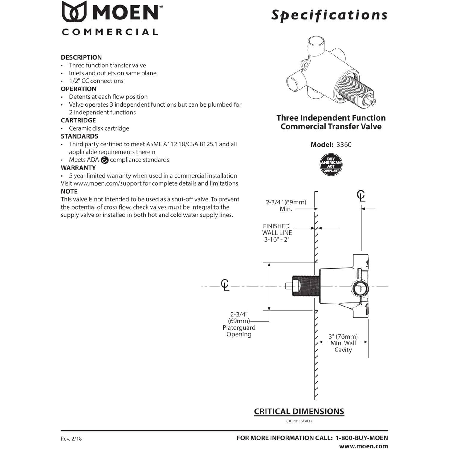 Robinet de transfert de douche Moen 3360&nbsp;M-Dura, laiton, trois fonctions, 1/2 po, connexions CC, S.o. ou non fini, paquet de 1