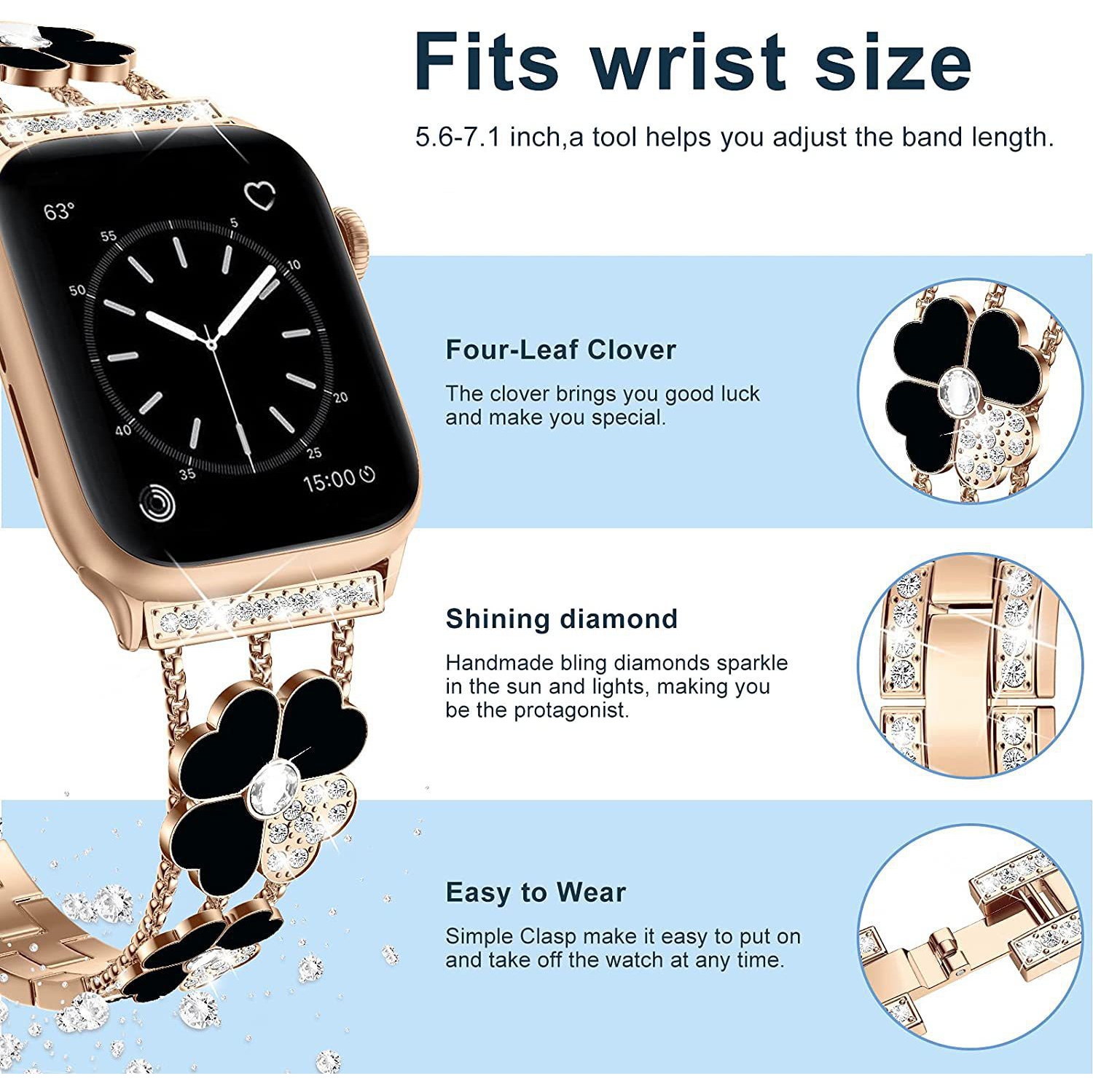 WFG Metal Band for Apple Watch Clover Design - 42/44/45mm Black Flower/Silver