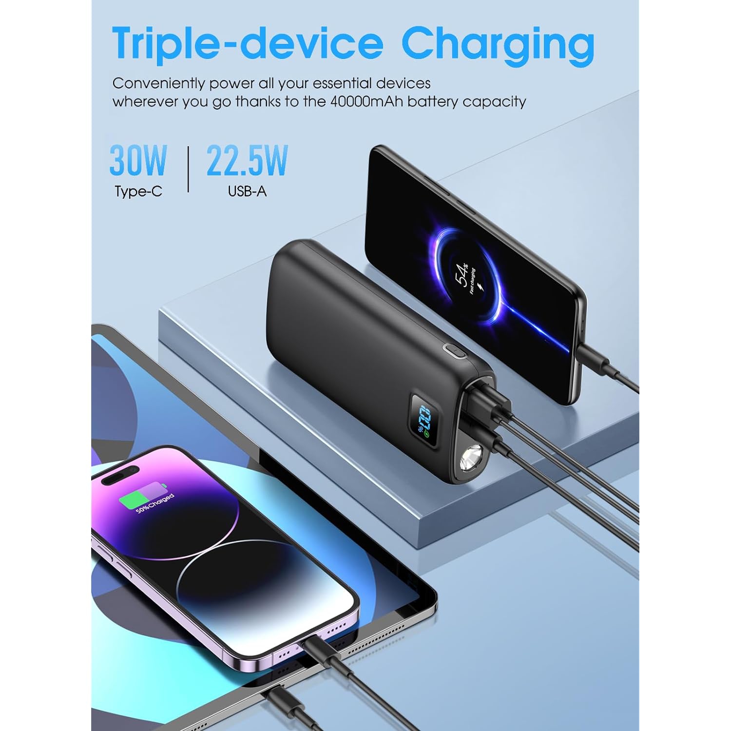 Chargeur portable de 40000&nbsp;mAh avec PD 30&nbsp;W et recharge rapide QC 4,0, écran DEL, lampe de poche intégrée, 2 ports USB et 1 sortie de type
