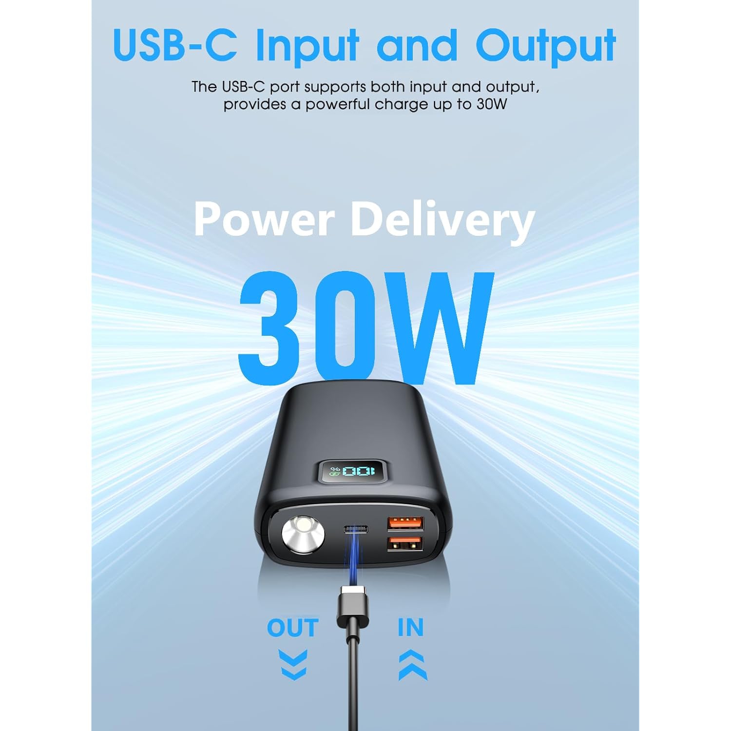 Chargeur portable de 40000&nbsp;mAh avec PD 30&nbsp;W et recharge rapide QC 4,0, écran DEL, lampe de poche intégrée, 2 ports USB et 1 sortie de type