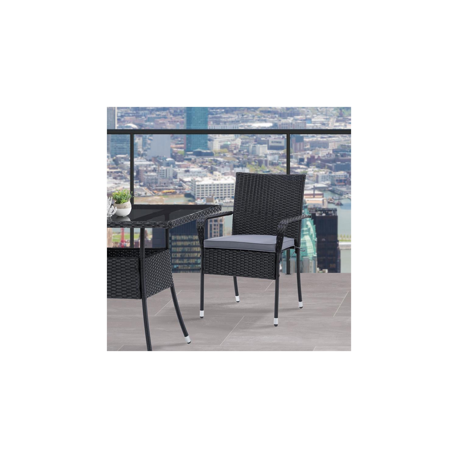 CorLiving Patio Dining Stackable Chair Set of 2 - Black Resin Rattan Wicker