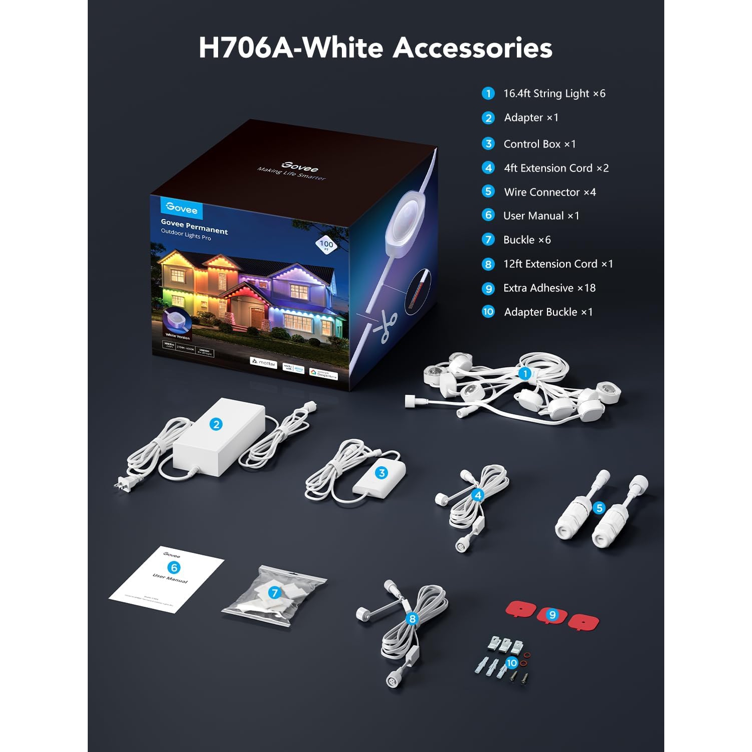 Govee Permanent Outdoor Lights Pro, 100ft with 60 RGBIC Warm Cold White LED Lights with IP67 Waterproof