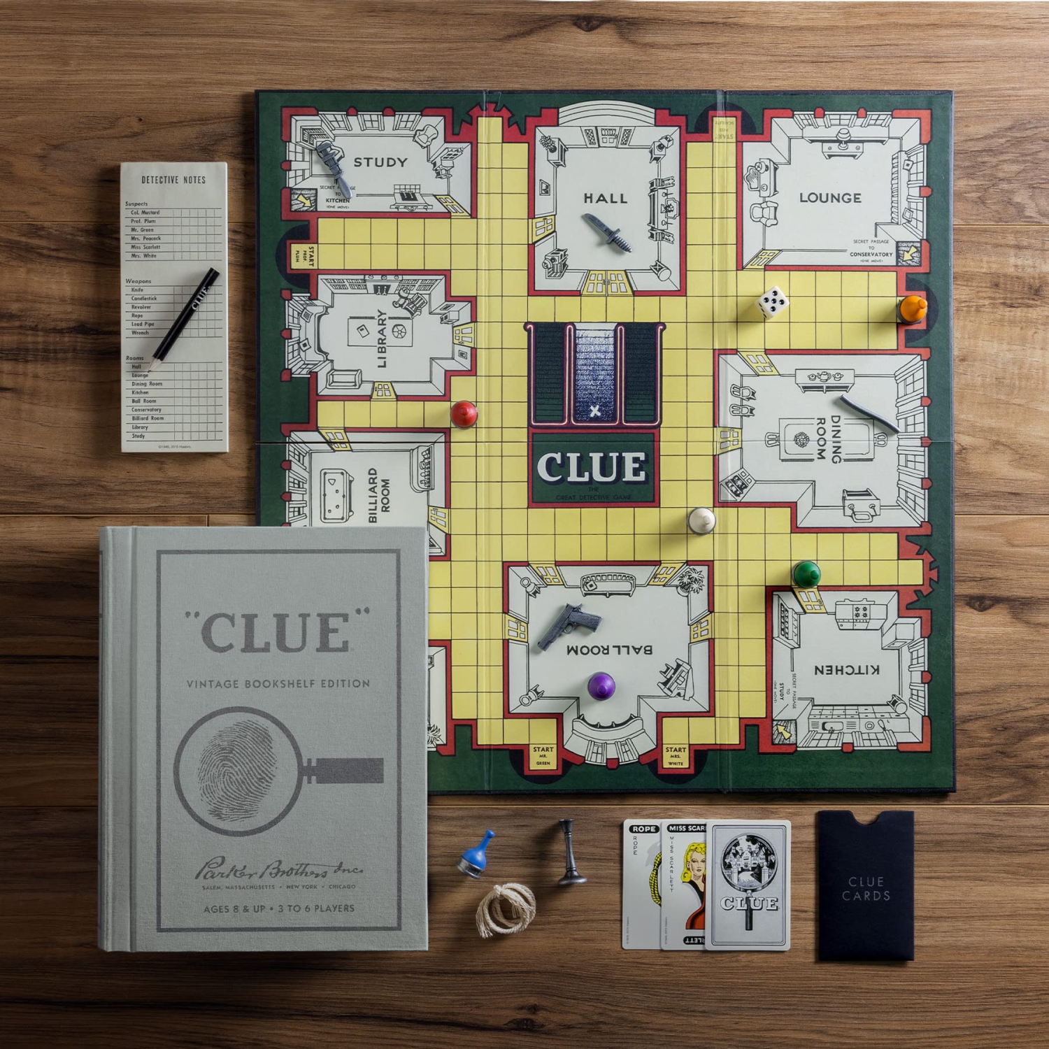 WS Game Company Vintage Bookshelf Edition: Clue 3-6 players, ages 8+, 60 minutes