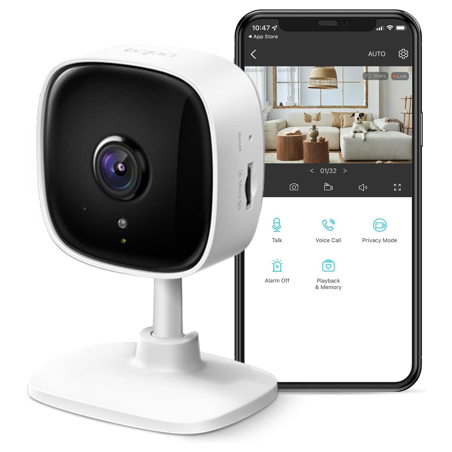 2K Indoor Home Security WiFi Camera, Up to 30ft Night Vision, Two-Way Audio, Sound & Light Alarm, Up to 512 GB microSD Card Slot, Works w/Alexa and