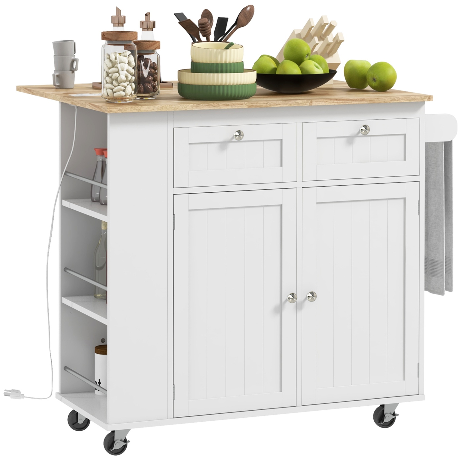 HOMCOM Kitchen Island with USB Ports & Power Outlets, Farmhouse Kitchen Cart with Wood Drop Leaf, Rolling Kitchen Island with 2 Drawers, Spice Rack