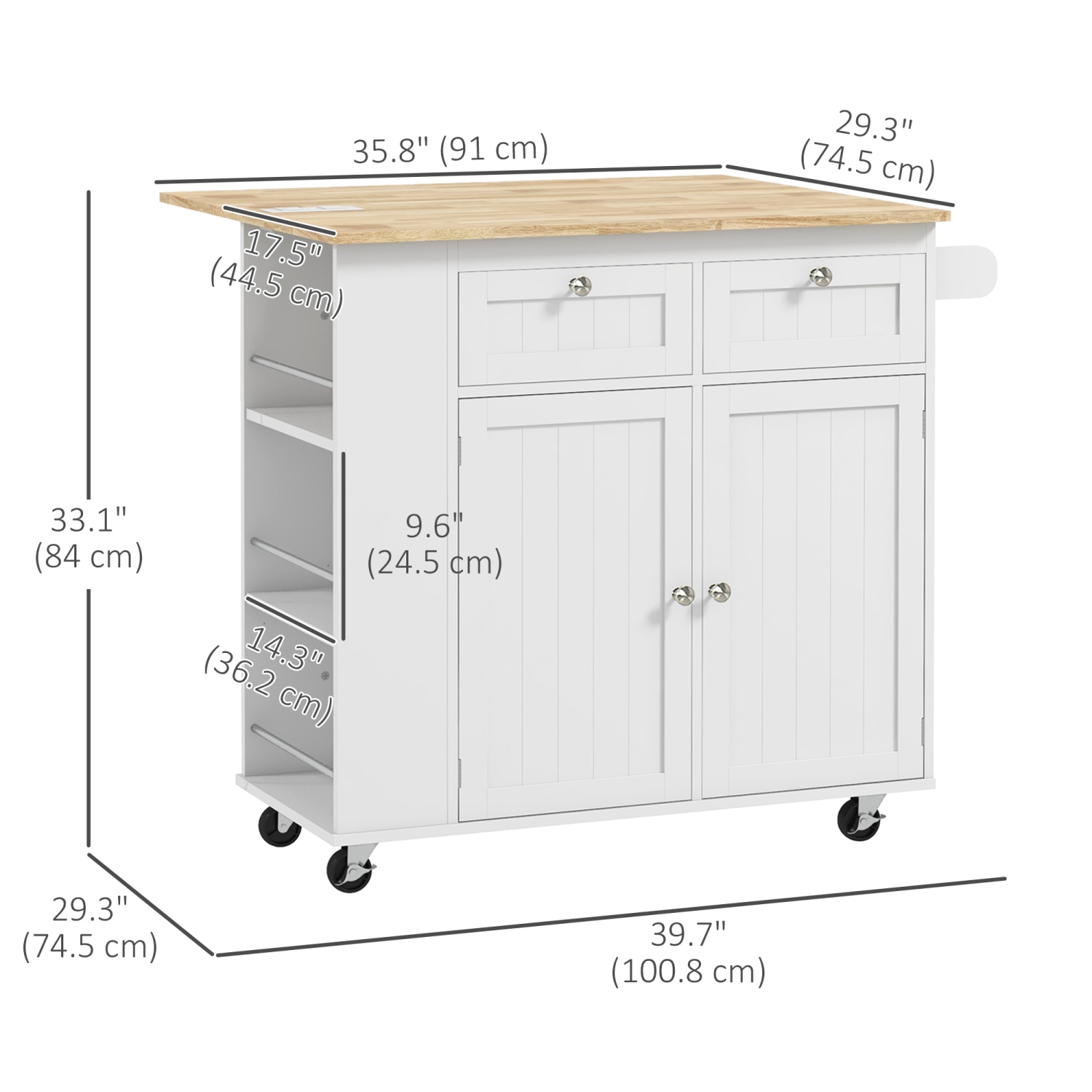HOMCOM Kitchen Island with USB Ports & Power Outlets, Farmhouse Kitchen Cart with Wood Drop Leaf, Rolling Kitchen Island with 2 Drawers, Spice Rack