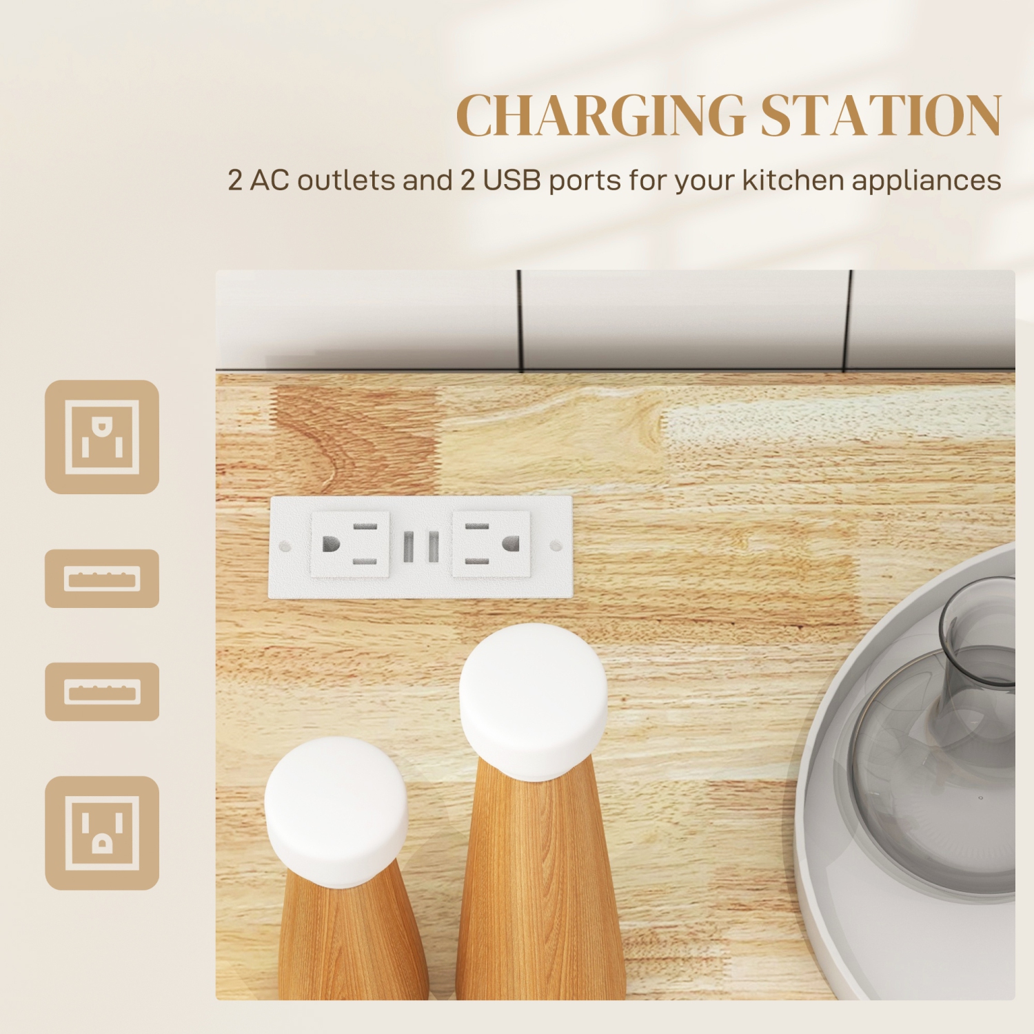 HOMCOM Kitchen Island with USB Ports & Power Outlets, Farmhouse Kitchen Cart with Wood Drop Leaf, Rolling Kitchen Island with 2 Drawers, Spice Rack
